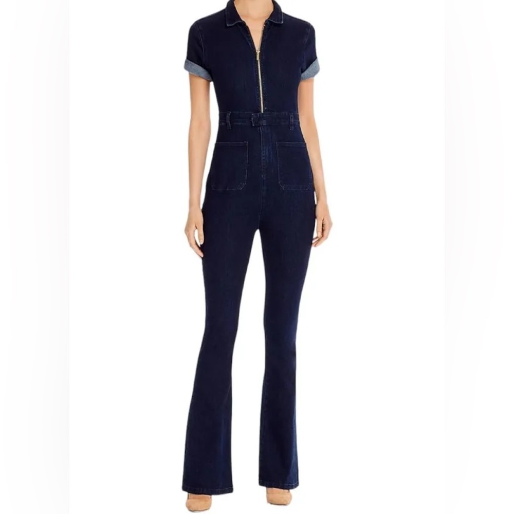Weworewhat dark wash denim flare jumpsuit, gently worn
